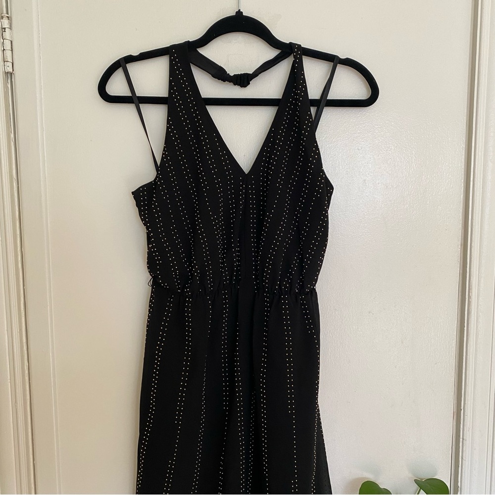 Bebe gold-studded high-low black halter party dress with chiffon overlay